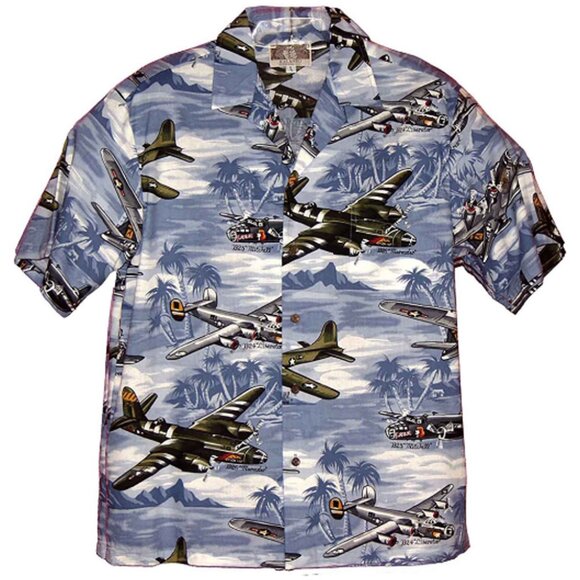 Kalaheo Mens Fighter Bomber Airplanes II Hawaiian Shirt, Style#445R, Color Blue - Picture 1 of 2